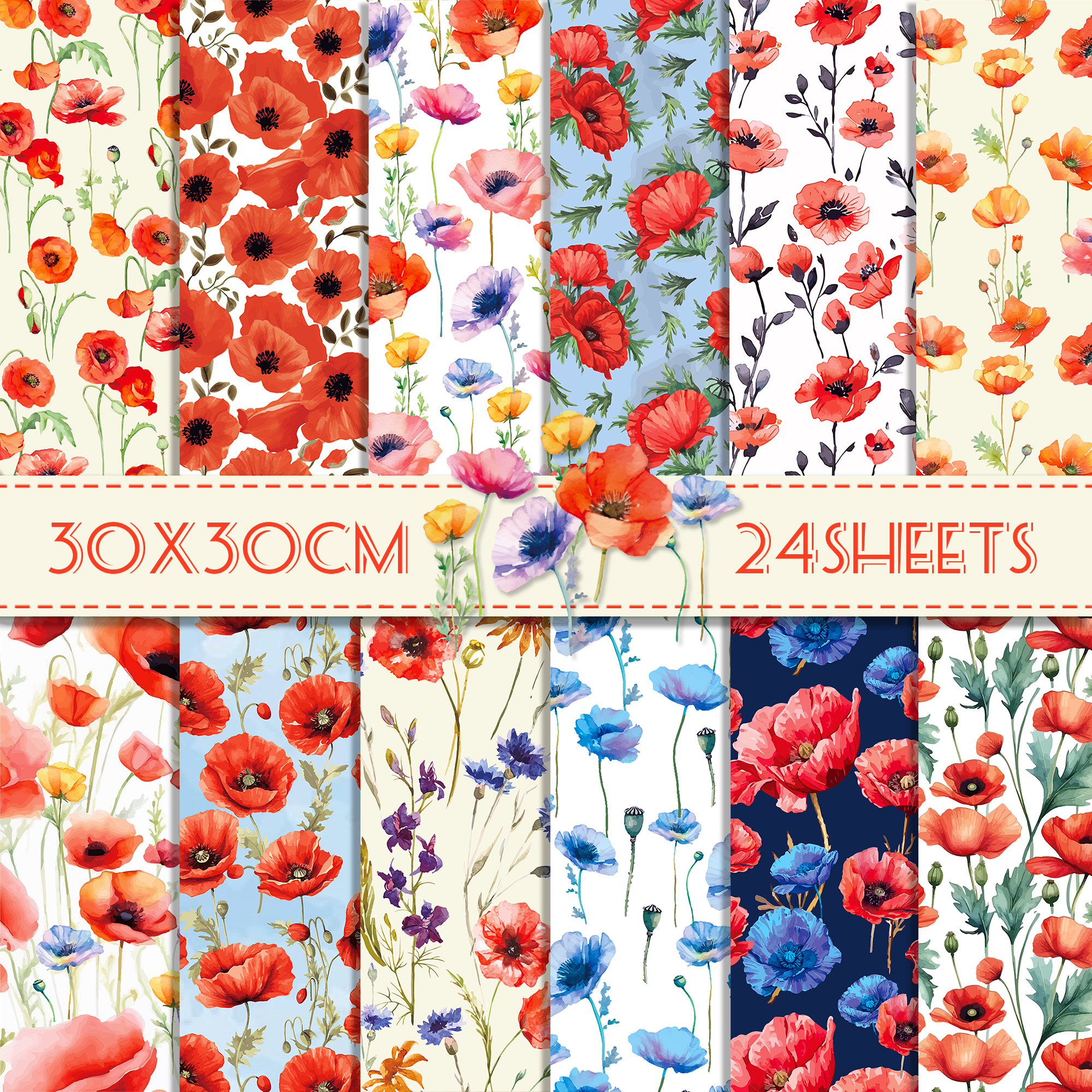 Photography Paper - 24pcs 30*30cm Poppy Red Flowers Scrapbook