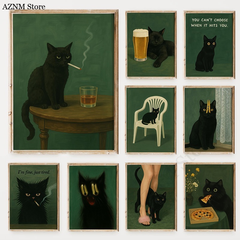 Photography Jokes - Moody Black Cat Green Background Poster