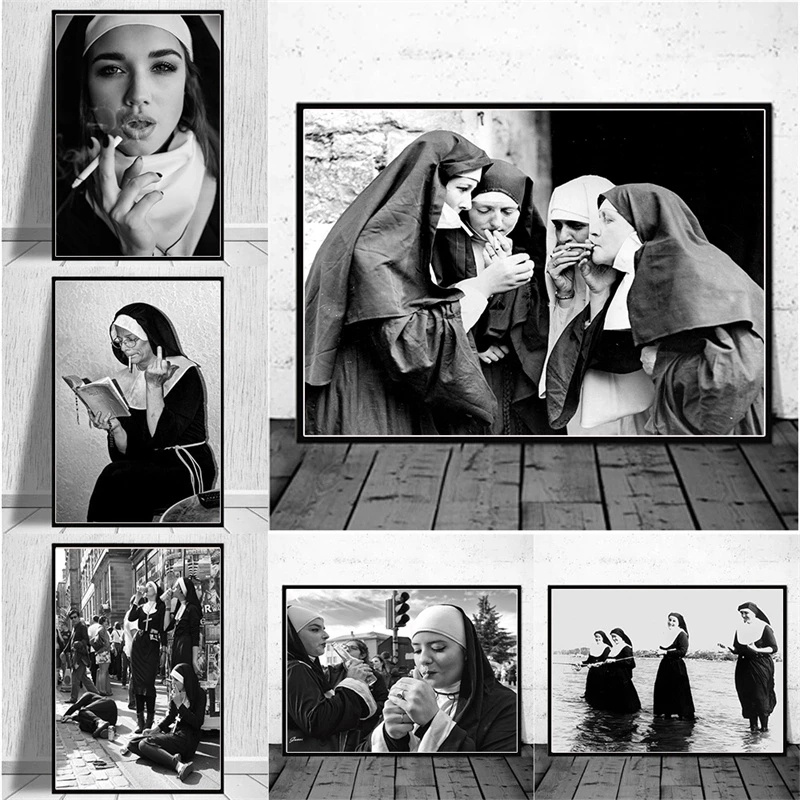 Photography Poster - Smoking Sexy Nun Painting Poster Vintage